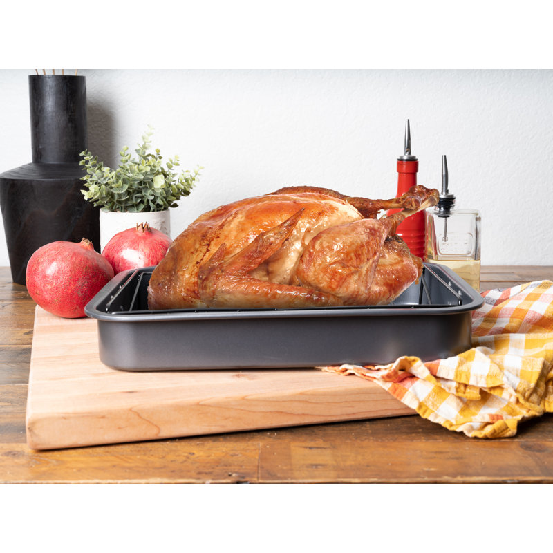16.5-Inch Black Non-Stick Carbon Steel Roasting Pan with V-Rack