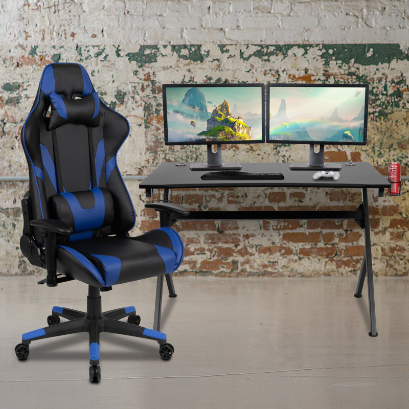 Gaming Desk and Reclining Gaming Chair Set with Cup Holder, Headphone Hook & 2 Wire Management Holes, Blue