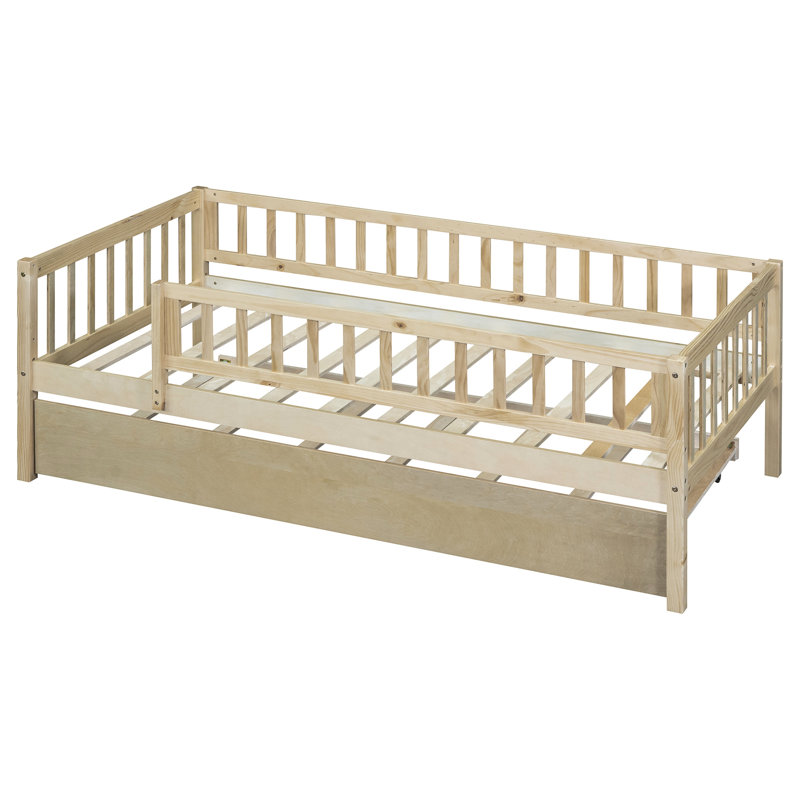 Lit de jour simple avec couchette et garde-corps en bois naturel - Stable, Twin, Natural