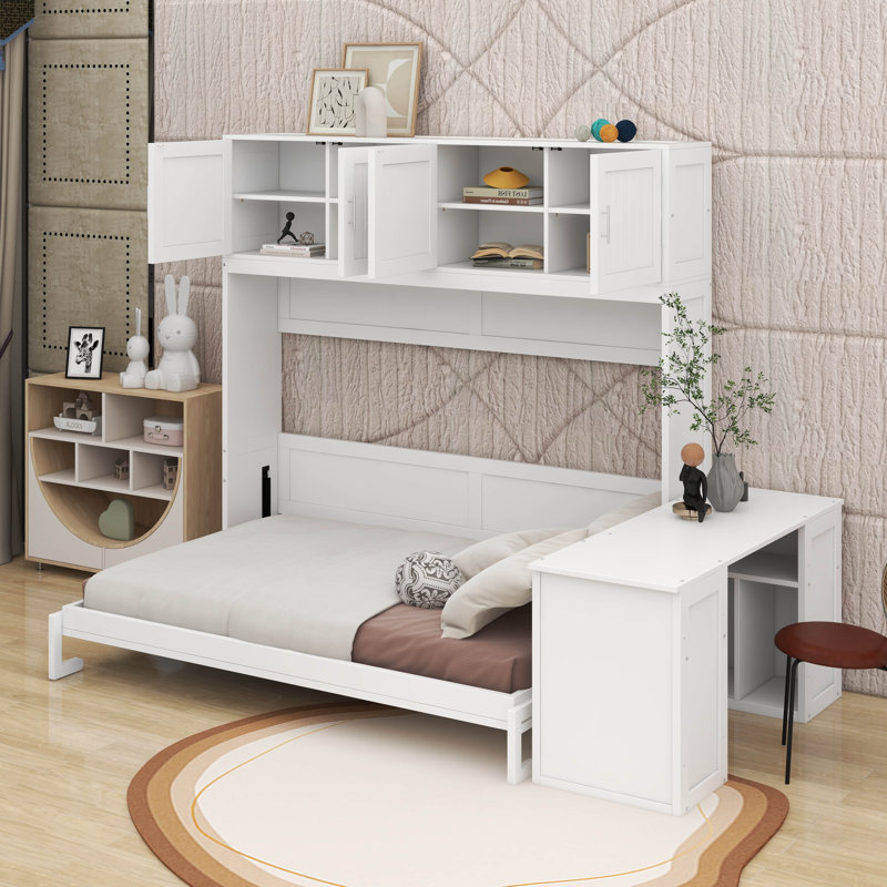 Grand lit escamotable avec bureau et tablettes, Blanc