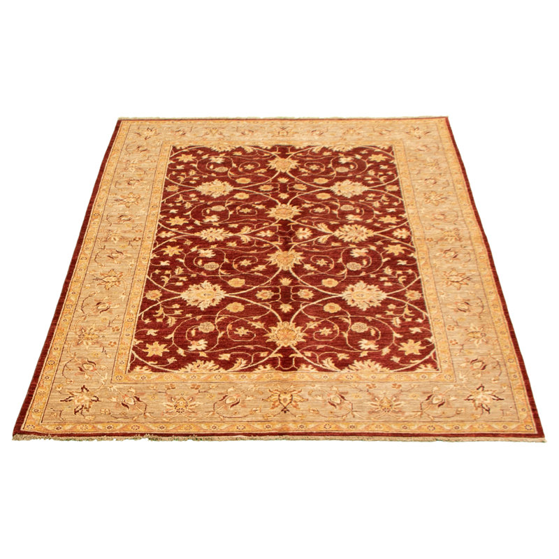 Tapis décoratif en laine noué à la main de conception unique 5 pi 7 po x 7 pi 11 po « New Age » en Bourgogne/Ivoire