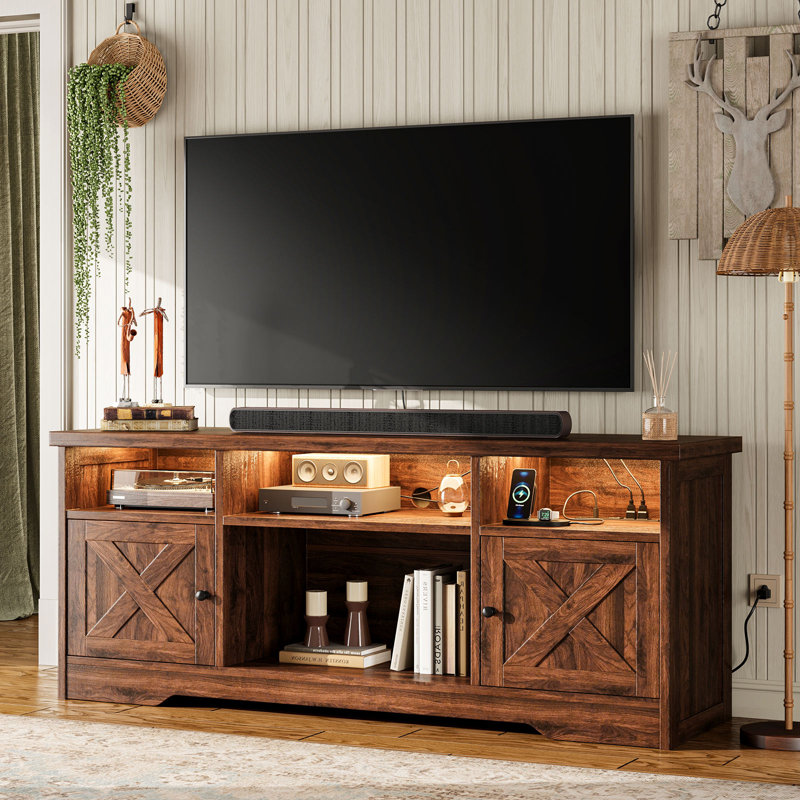 Tv Stand With Power Outlet, Farmhouse Entertainment Center With Led Light, Console Table And Media Furniture With Storage Cabinets