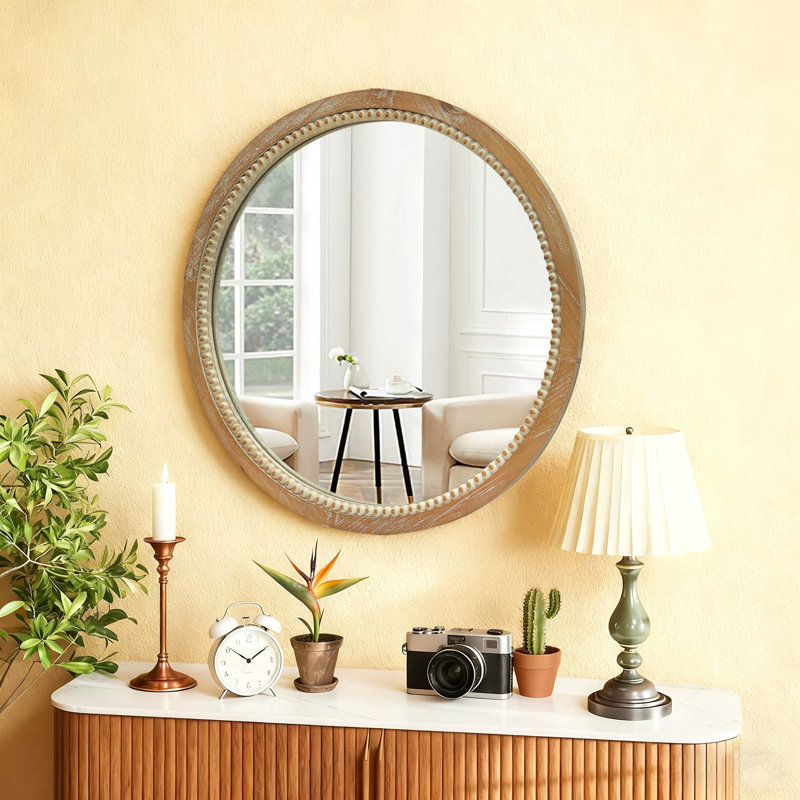 Miroir mural rond en bois vieilli et perles, 23,62 "Farmhouse Vintage
