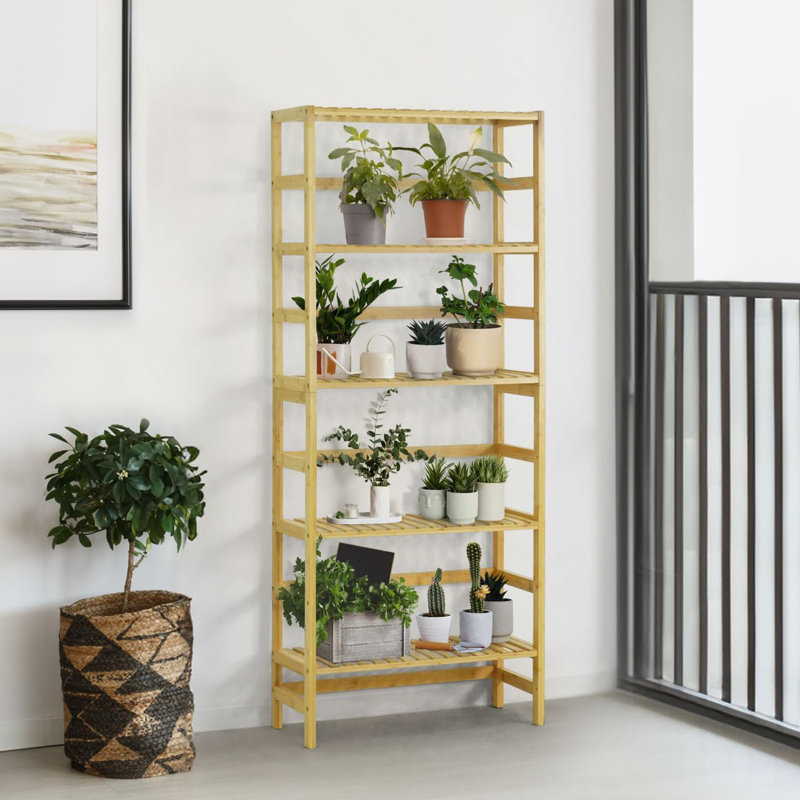 5-Tier Bamboo Shelf with Adjustable Layer for Bathroom, Bedroom, Kitchen, Natural Wooden, Beige