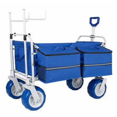 Chariot de plage avec porte-chaises et roues tout-terrain de 9 po, chariot pliable robuste pliable de 500 lb, poignée réglable, glacière et sacs de rangement pour la plage, le camping, le jardin et les sports de plein air