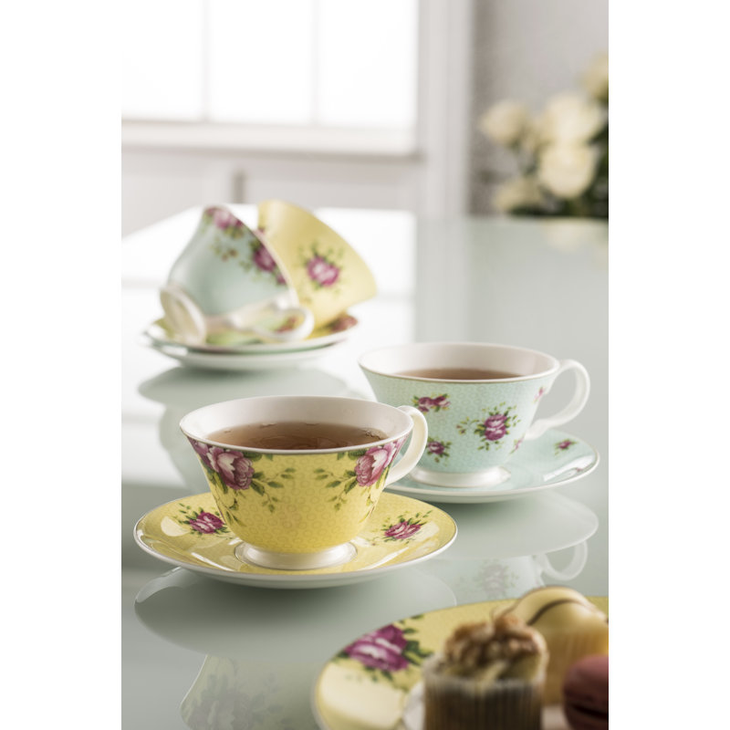 Aynsley Multi-Color Bone China Teacups and Saucers Set