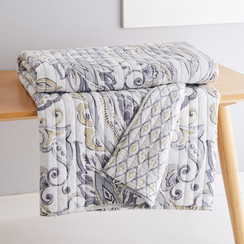 Tamsin Grey Reversible Cotton Quilted Throw with Paisley Design