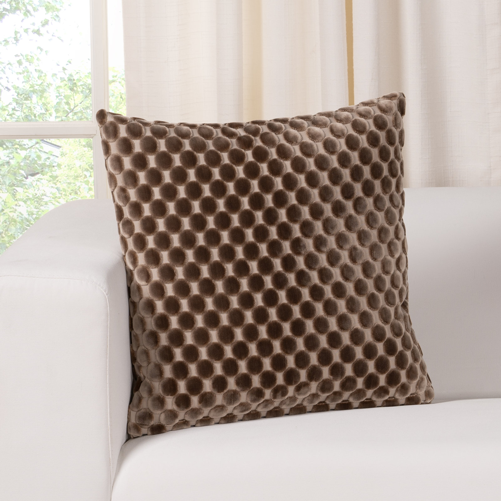 Nirvan Velvet Dot Throw Pillow, Mushroom, Feather, Square 22"