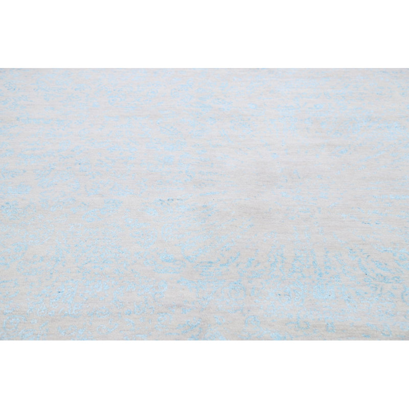 Tapis unique bleu / beige nouvel âge en laine noué à la main de 5 pi 11 po x 9 pi 1 po One-of-a-Kind