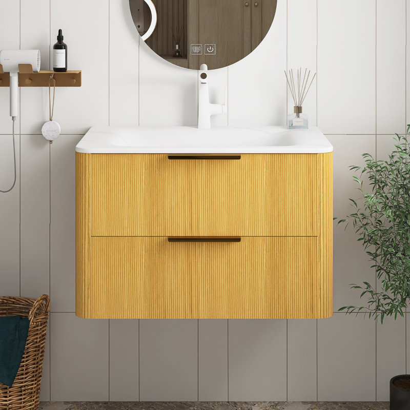 Meuble-lavabo de salle de bain avec lavabo, armoire de rangement flottante à fines rayures avec tiroirs, lavabo intégré en pierre frittée blanche Carrara, pré-assemblé
