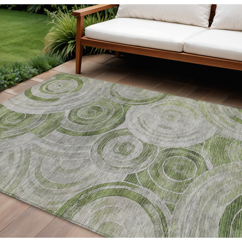 Tapis intérieur/extérieur lavable, motif géométrique vert artichaut et argent, 2,74 m x 3,66 m