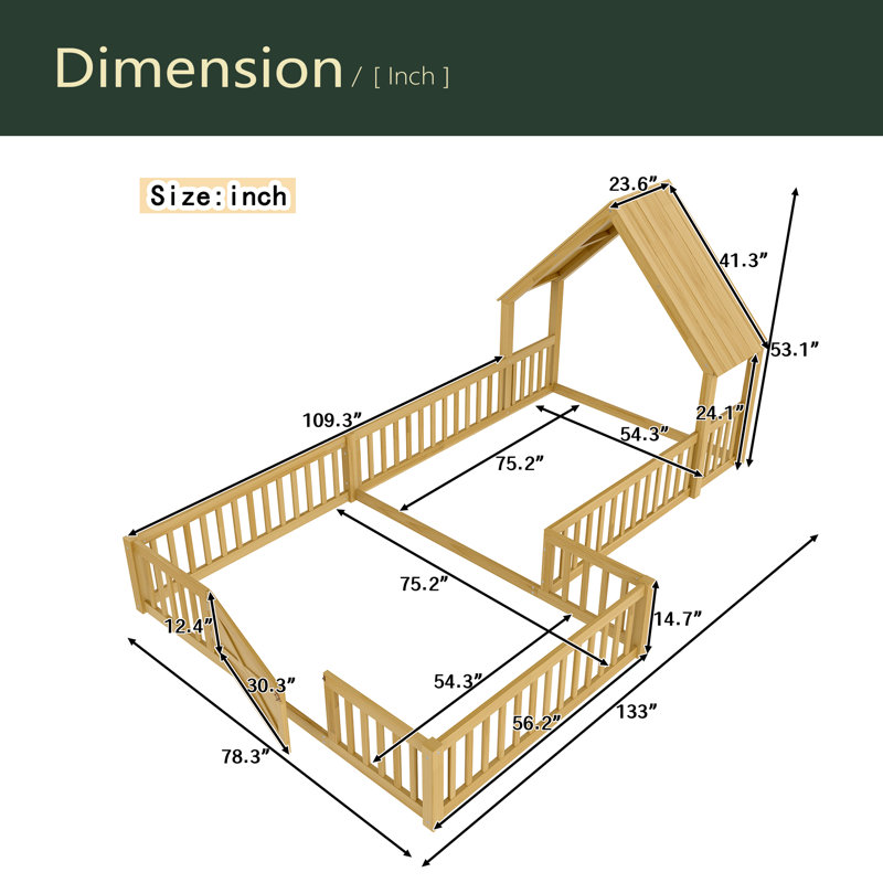 Lit de maison, lit de plancher avec porte et garde-corps pleine longueur, conception multifonctionnelle, Naturel, Lit double