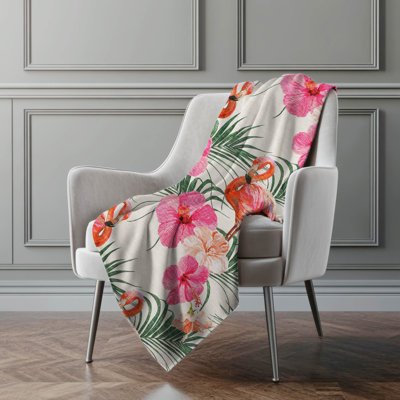 Addison Machine Washable Sherpa Leaves and Flamingos Throw Blanket
