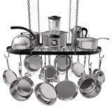 Stylish Black Alloy Steel Ceiling Storage With 15 Hooks - Organize Kitchen Cookware And Utensils - Space-Saving Mounted Overhead Holder