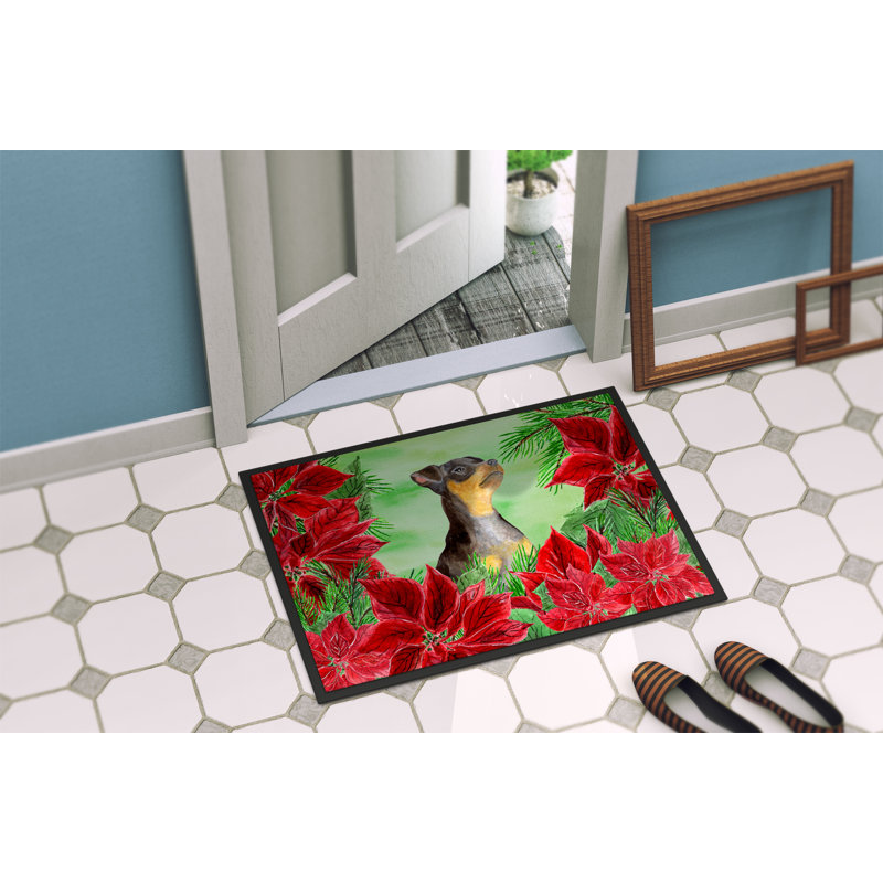 Tapis de porte d’extérieur anti-dérapant miniature pinscher poinsettas, Rectangle 24 po x 36 po