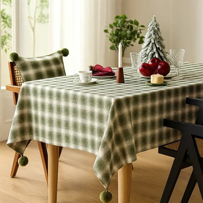 Brown Plaid Woven 100% Cotton Tablecloth With Pom Pom 56" W X 96" L