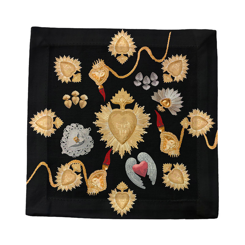 Ex Vote Sacred Hearts Cotton Sateen Cocktail Napkins, Black