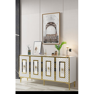 Modern Console Table with Wall-Mounting Option, White & Gold, 59.1 x 29.5 x 12.6 inches | 100% Melamine Coated Particle Board, Thickness: 0.7 inches | Stylish Design with Numerous Shelves, Glam & Geometric Accent