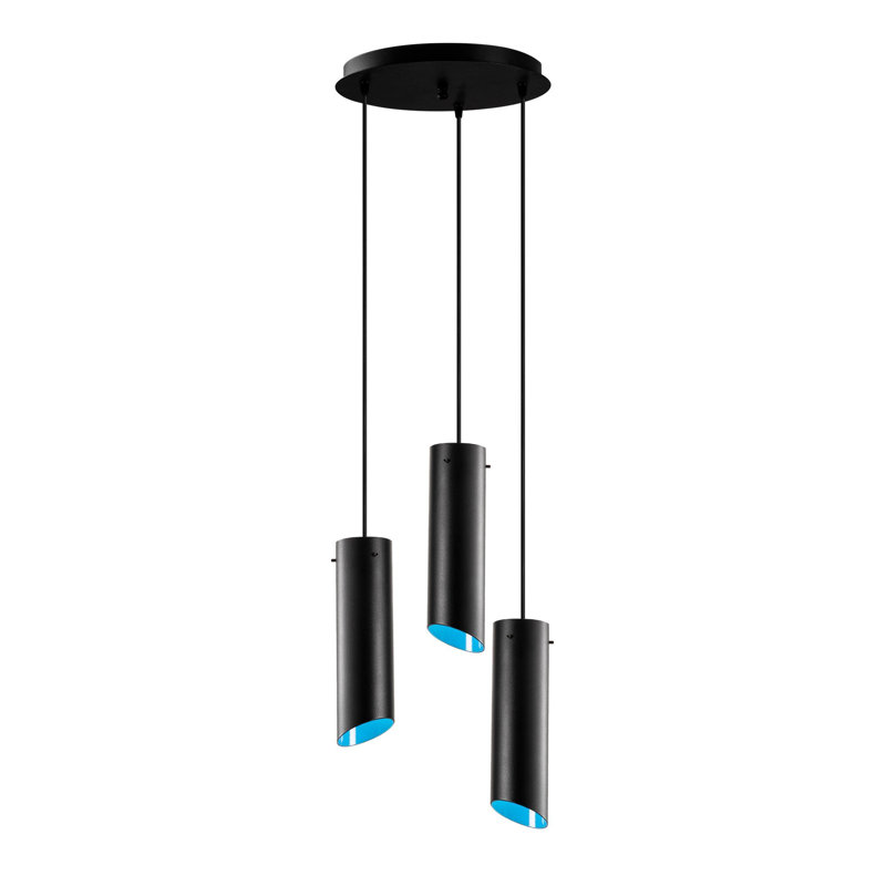 Luminaire suspendu cylindrique 3 lumières Aidie, Noir / bleu