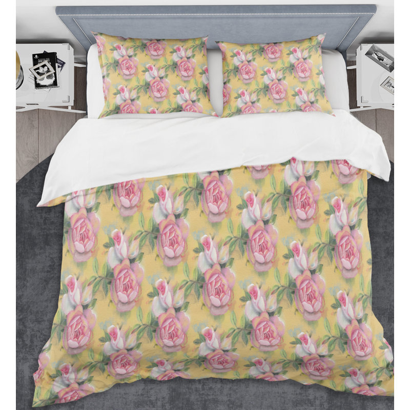 Ensemble de housse de couette de roses de style mid-century à la main aquarelle