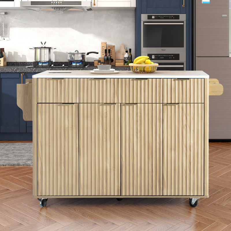Velis 55.5" Fluted Kitchen Island With Drop Leaf, Rolling Island Table With Faux Marble Top, Power Outlet, And Spice Rack For Kitchen, Dining Room