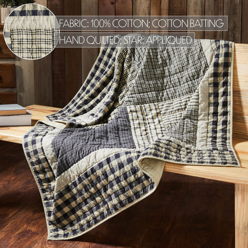 Navy and Beige Cotton Patchwork Quilted Throw Blanket 50x60