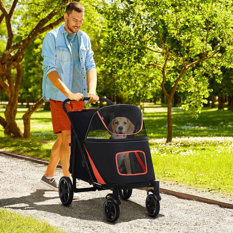 1-clic pliable pour animaux de compagnie pour les chiens de grande et moyenne taille, dispositif de rangement, amortisseur de chocs, fenêtre en filet, ligne, poussette pour chien noir avec rangement, laisse de ventilation, po