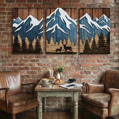 Landscape & Nature Mountain Forest Deer Reflection Wood Pattern Art Print