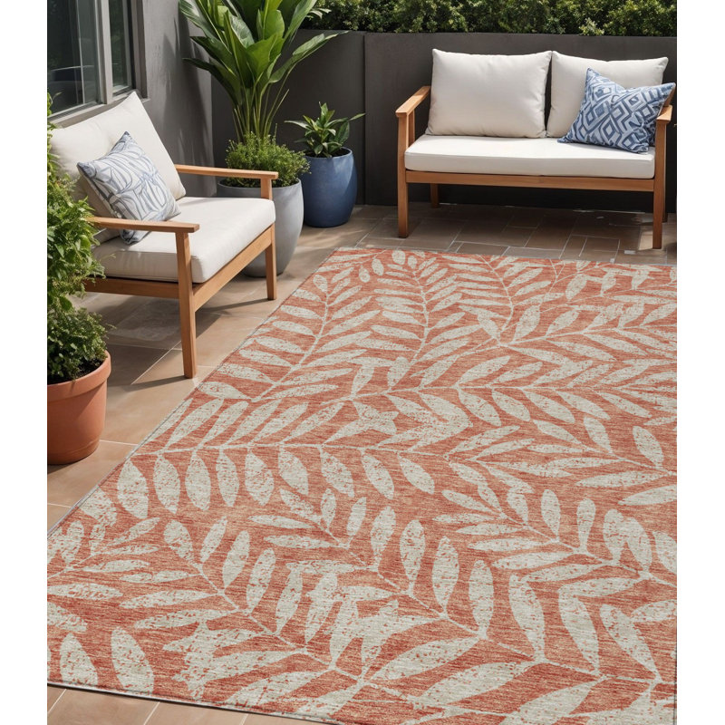 Tapis extérieur lavable floral 5 pi x 8 pi saumon et gris