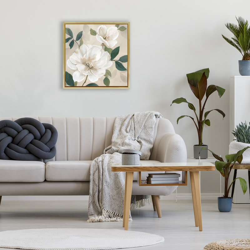 Cadre flottant Serene White Magnolia Study, design par Nan, Cadre flottant métallique doré, H 18 po x l 18 po