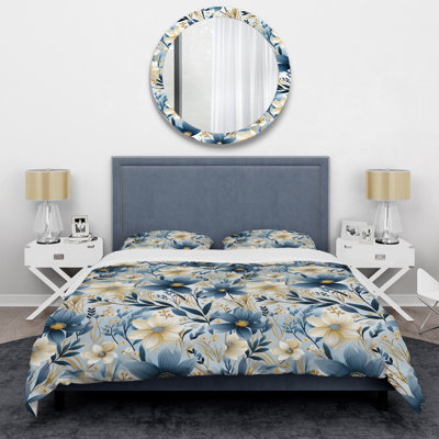 White And Blue Blossoms Meadow Serenity III Floral Duvet Cover