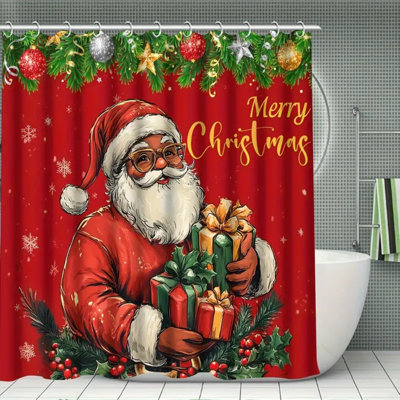 4Pcs Festive Santa Claus Shower Curtain Set, Bathroom Curtain With 12 Hooks, S, Non-Slip Bath Rug, Toilet U-Shape Mat, Toilet Lid Cover Pad, Bathroom Accessories, Bathroom Christmas Decorations Gifts