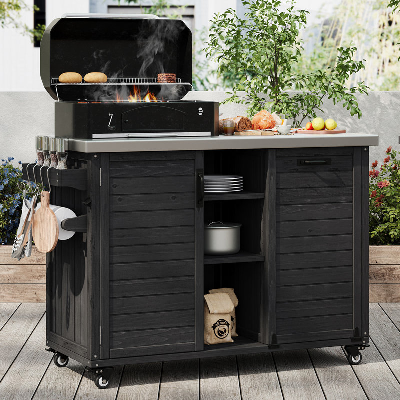 Îlot de cuisine 78,3 "avec table de barbecue pliable, Noir
