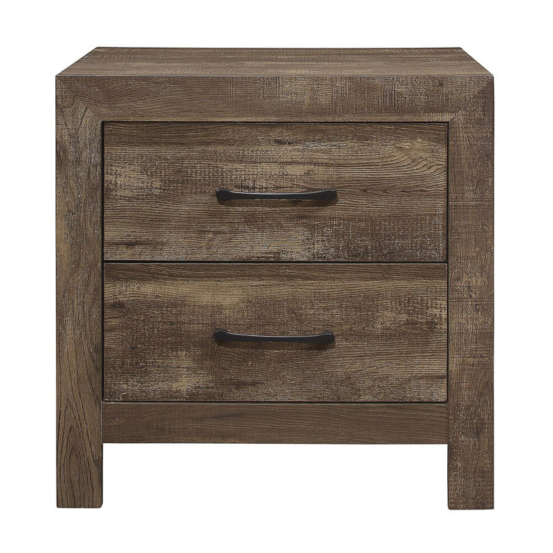 Table de chevet simple à finition brun rustique simple avec tiroirs et quincaillerie de chambre en métal noir
