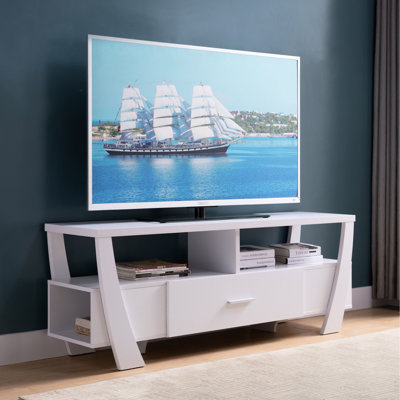 Meuble télé contemporain blanc - quatre tablettes et un tiroir, pouvant supporter 100 lb, 2 tablettes, 1 tiroir avec glissières exquises, tablette latérale, panneau de particules blanc, scintillant