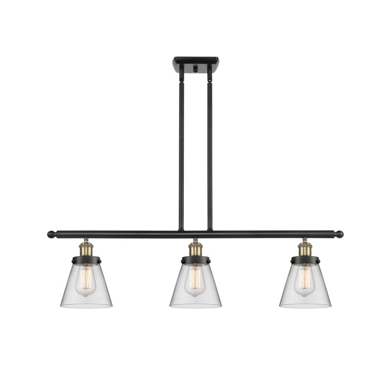 Luminaire suspendu linéaire à 3 lumières pour îlot de cuisine Niko, DEL, Transparent / clair, Laiton antique noir