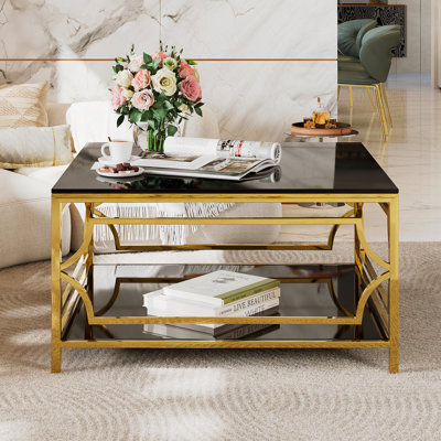 Square Glass Coffee Table In 33.5",Luxurious Geometric Metal Frame,Gold Finish & Lower Shelf