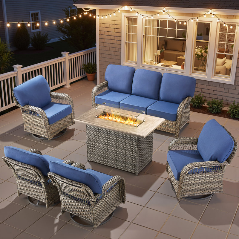 6-Piece Wicker Patio Furniture Set With 41'' Fire Pit Table, High Back Outdoor Furniture With Swivel Chairs, All-Weather Wicker Patio Conversation Set For Deck Yard Pool