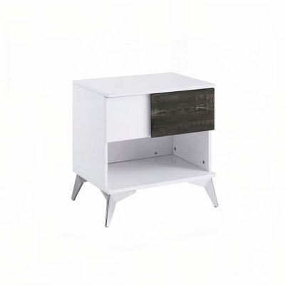 Modern Contemporary Style End Table White And Oak Finish Open Shelf Drawer Steel Legs Two Tone Design High Gloss Finish Wooden Panel Coffee Table-Not