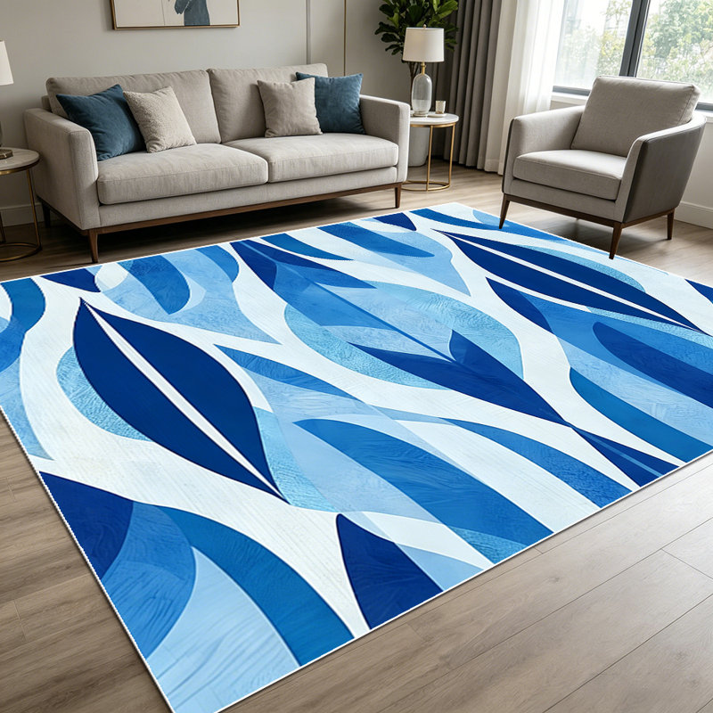 1PC Blue Ombre Geometric Leaf Trellis area rugs for Living Room, Soft and Comfortable, Suitable for all seasons, easy-to-maintain, machine washable Indoor floor mat, Under Table Farmhouse suitable for dining room, bedroom, entryway, kitchen, balcony