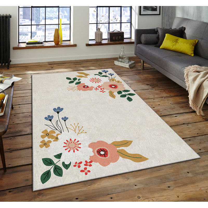 Rectangle Tavon Floral Machine Made Power Loom Polyester Area Rug in Ivory, Rectangle 120 x 180cm