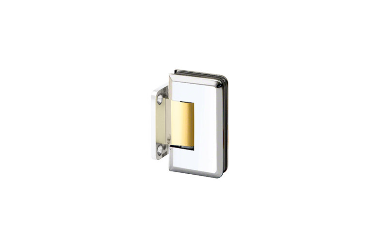 8F8AA31E07F443F098FF3F49814B62D1 Charnière de porte de douche à fixer au mur en verre Majestic Series avec plaque arrière courte en chrome poli avec accents laiton