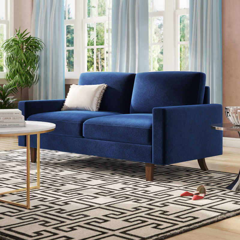 Canapé en velours à accoudoirs carrés de 69,7 po Kathi, Bleu foncé