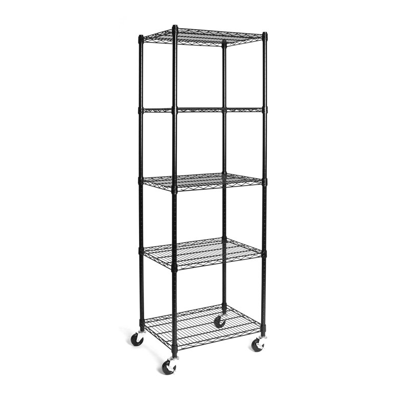 Black Adjustable 5-Tier Steel Wire Shelving Unit with Wheels