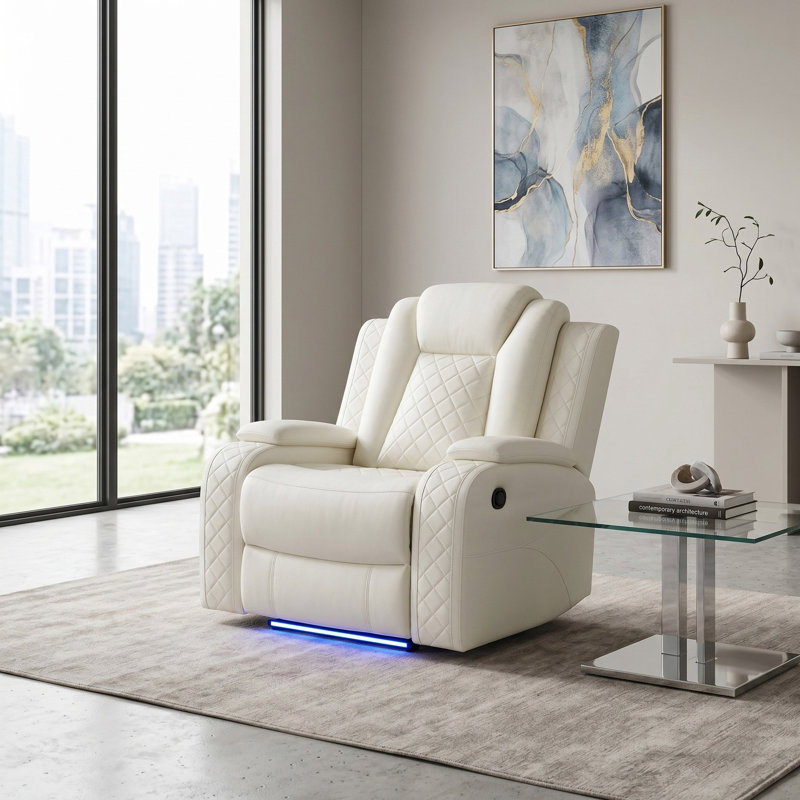 Orvane White Vegan Leather  Reclining  Chair With Cup-Holders And LED Lights, White Faux Leather