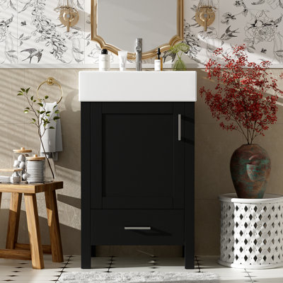 Meuble-lavabo moderne de 19,76 po pour salle de bain avec lavabo en céramique, construction en bois massif, conception à dossier ouvert et patins en plastique qui économisent de l'espace dans une petite armoire de salle de bain, poignées en alliage d'aluminium, rangement spacieux