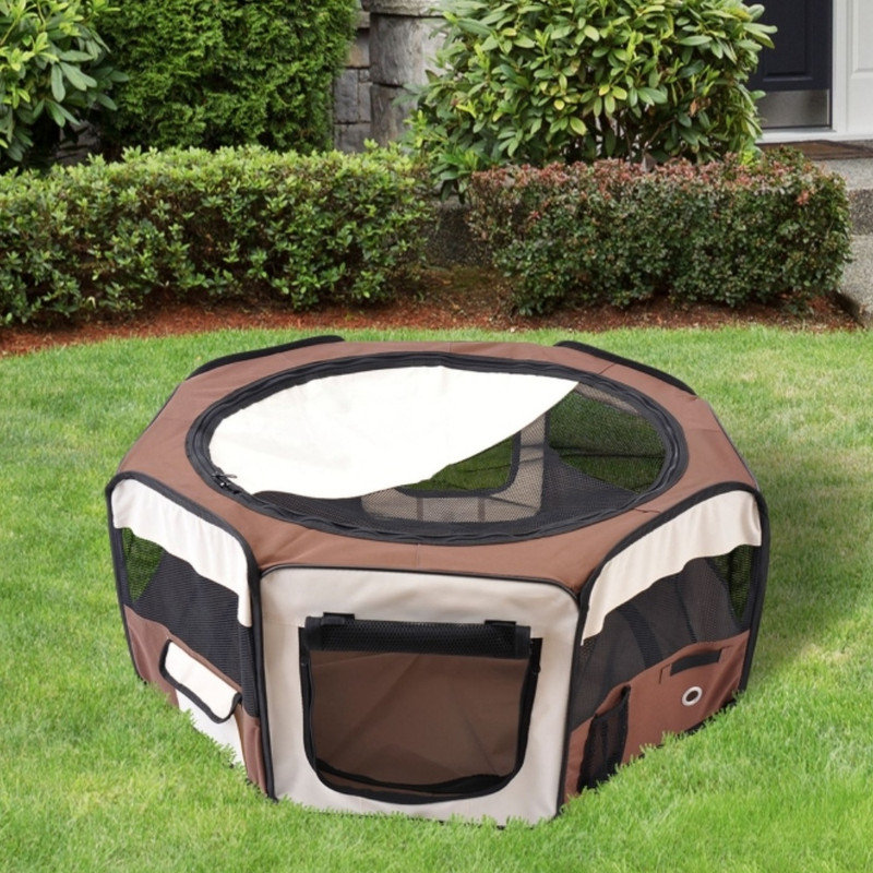Brown Portable Pet Playpen for Cat Dog Puppy Rabbit Guinea Pig, Freestanding Indoor & Outdoor Small Animal Run Enclosure, Dia 90 x 41H cm
