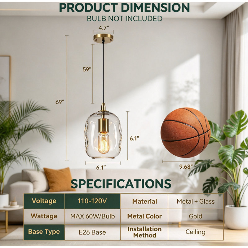 2 Pack Gold Pendant Light Globe Glass 9 Inch Adjustable Kitchen Island