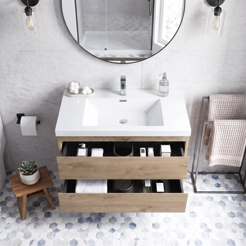 Meuble-lavabo suspendu en mélamine de bois de 35,43 po avec portes à fermeture amortie et lavabo intégré en résine, entièrement assemblé.