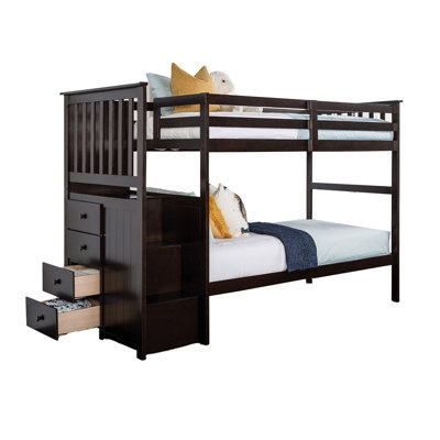 Lit superposé simple Riyo, unité de rangement encastrée, bois franc massif espresso